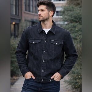 GUESS Dillon‎ Jacket Men’s XXL Black Denim Trucker Jacket button up long sleeve